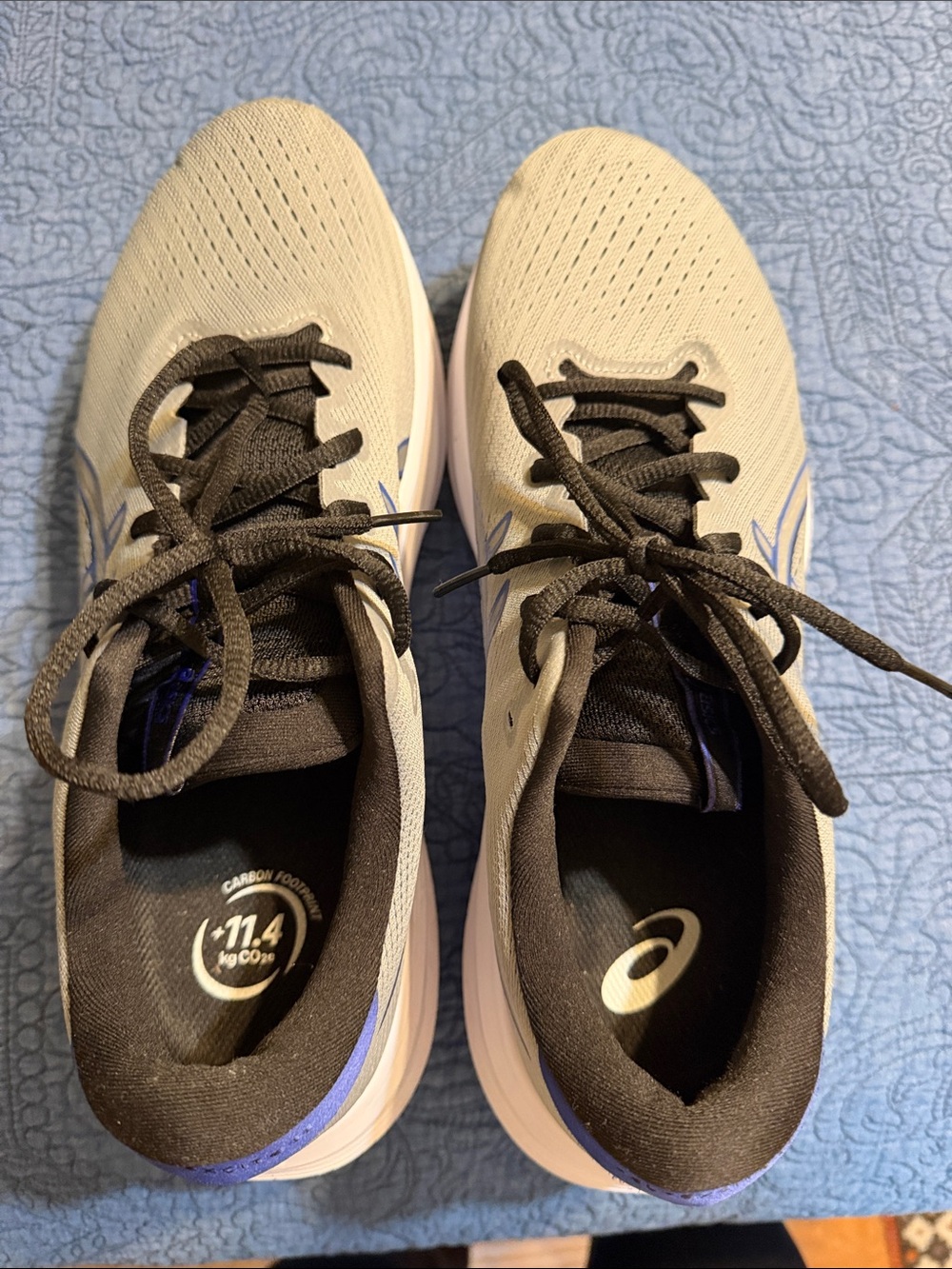 ASICS Beige and Black Athletic Running Shoes with Blue Accents